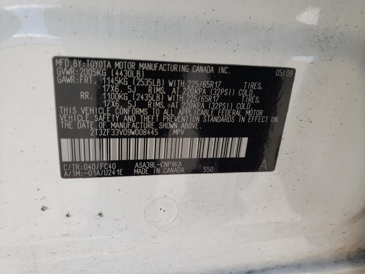 Photo 10 from auction – 2009 TOYOTA RAV4 with VIN 2T3ZF33V09W008445