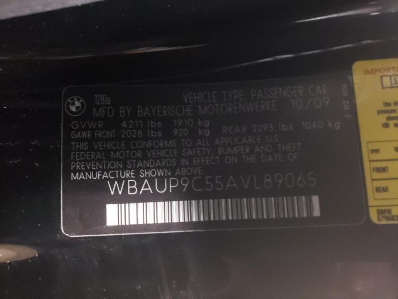 Photo 10 from auction – 2010 BMW 128 I with VIN WBAUP9C55AVL89065