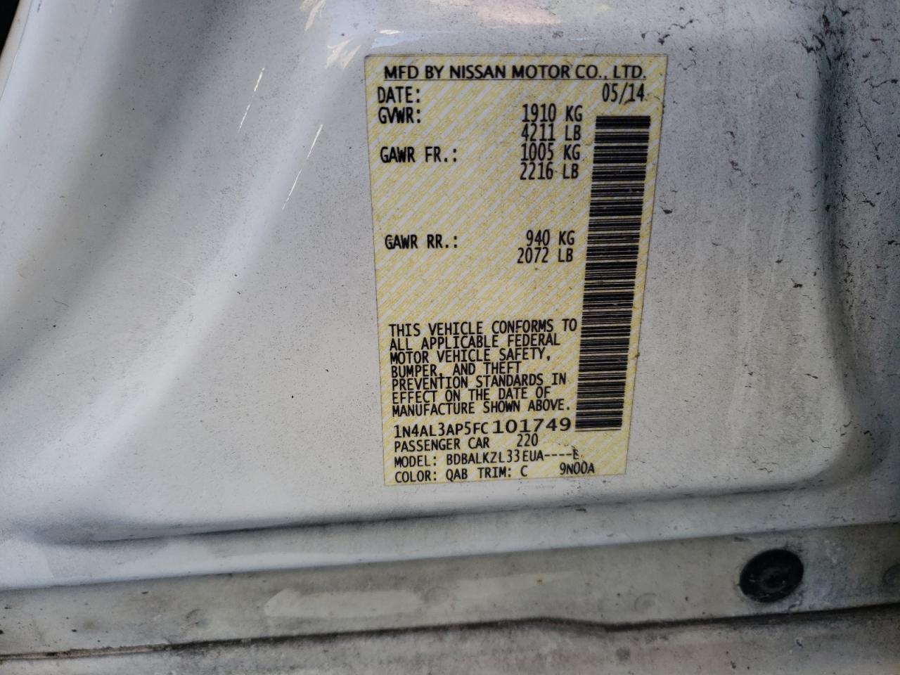 Photo 10 from auction – 2015 NISSAN ALTIMA 2.5 with VIN 1N4AL3AP5FC101749