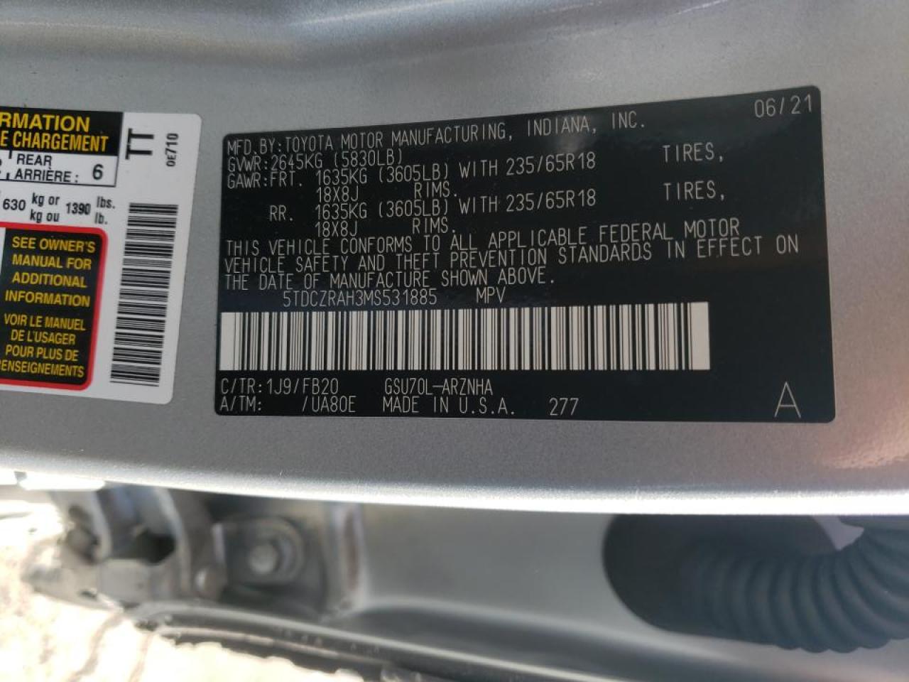 Photo 10 from auction – 2021 TOYOTA HIGHLANDER with VIN 5TDCZRAH3MS531885