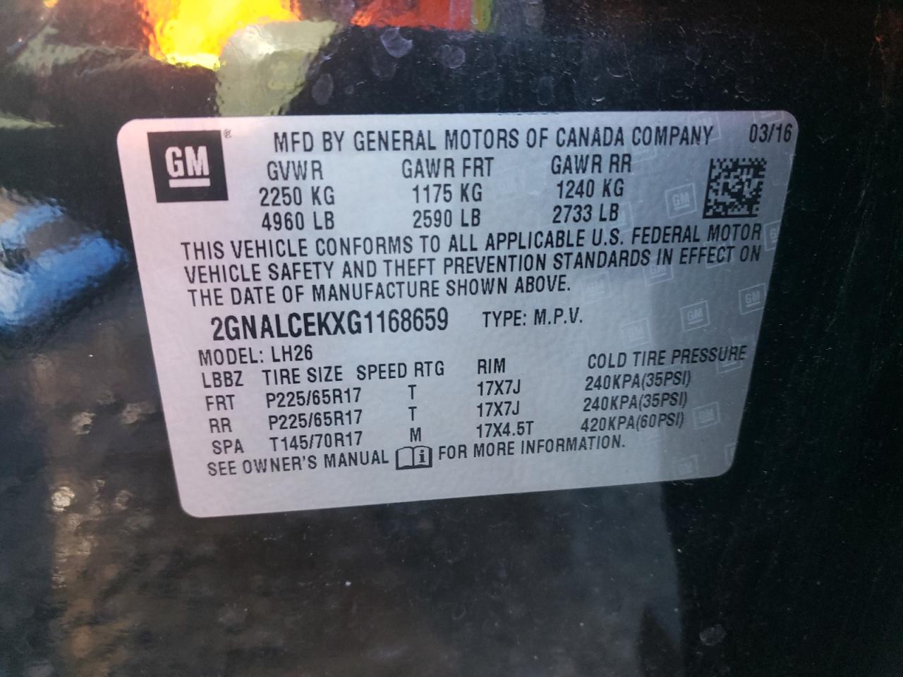 Photo 10 from auction – 2016 CHEVROLET EQUINOX LT with VIN 2GNALCEKXG1168659