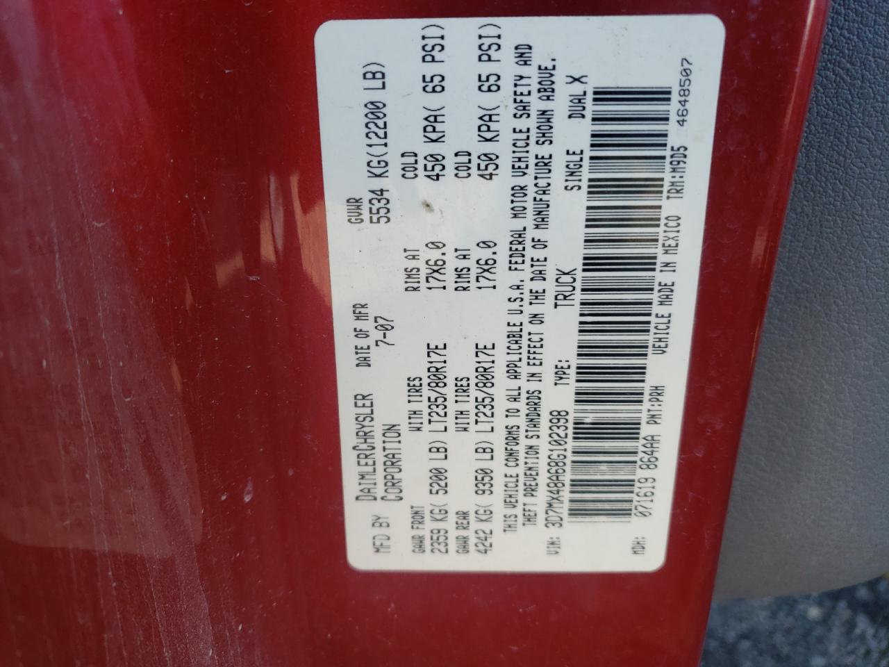 Photo 10 from auction – 2008 DODGE RAM 3500 S with VIN 3D7MX48A68G102398