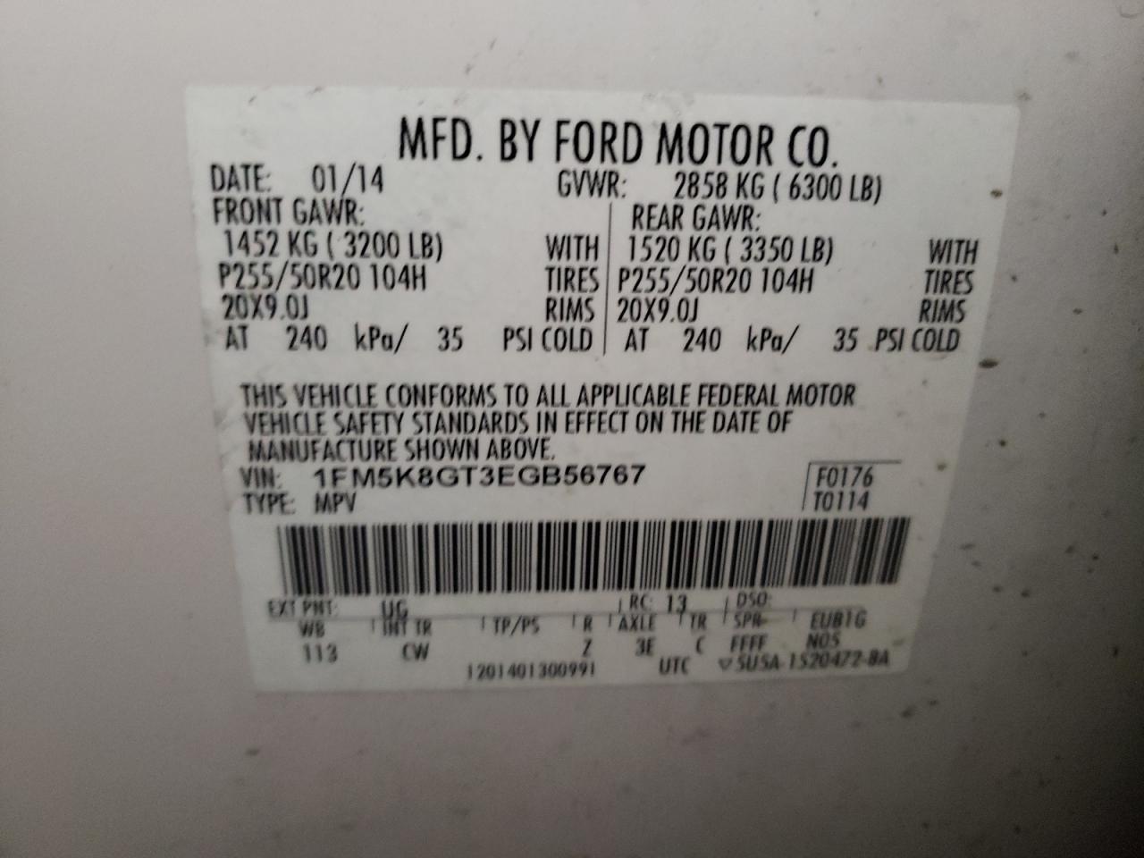 Photo 10 from auction – 2014 FORD EXPLORER S with VIN 1FM5K8GT3EGB56767