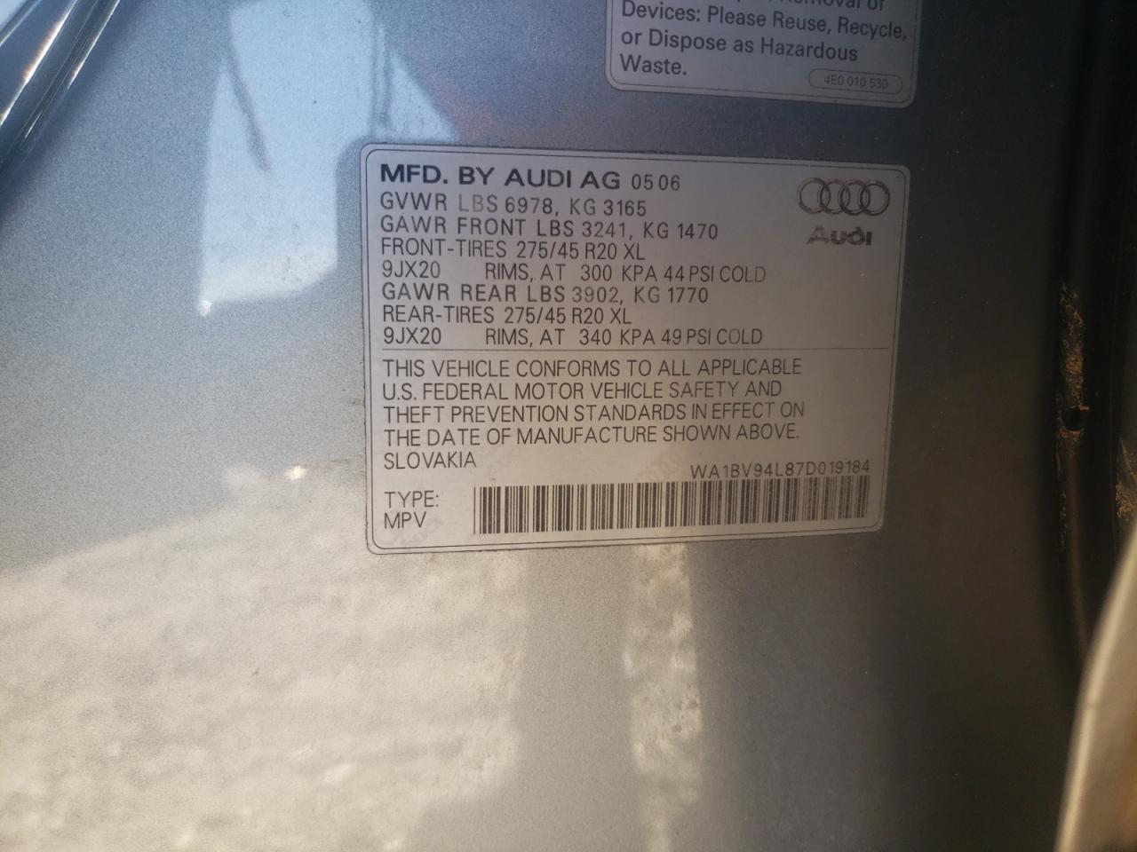 Photo 10 from auction – 2007 AUDI Q7 4.2 QUA with VIN WA1BV94L87D019184