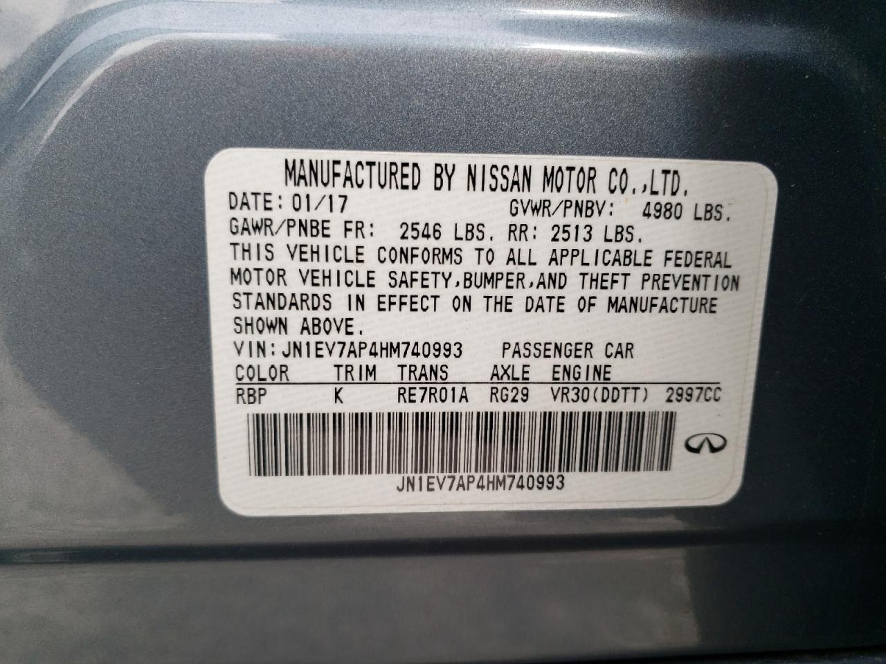 Photo 10 from auction – 2017 INFINITI Q50 PREMIU with VIN JN1EV7AP4HM740993