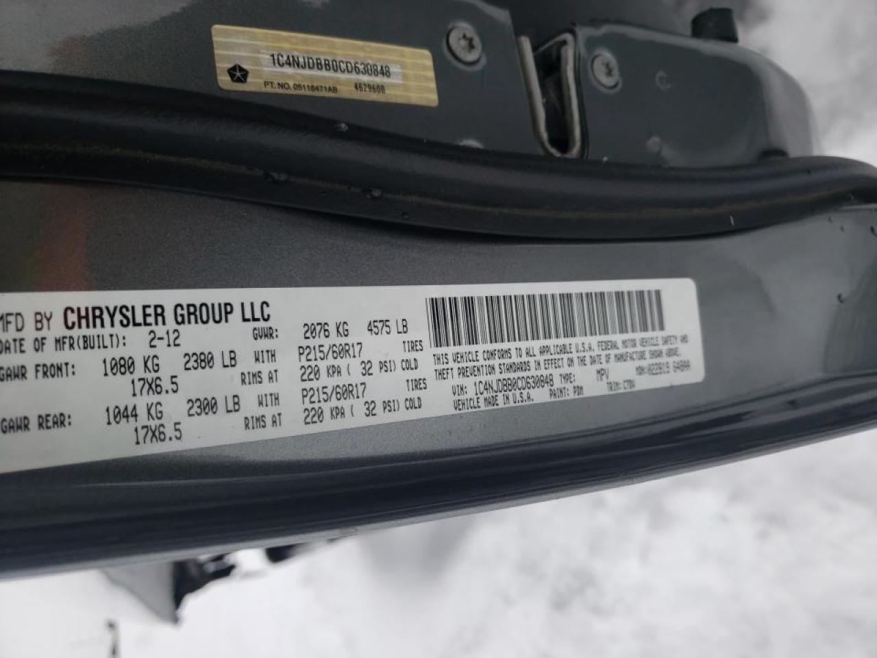 Photo 10 from auction – 2012 JEEP COMPASS SP with VIN 1C4NJDBB0CD630848