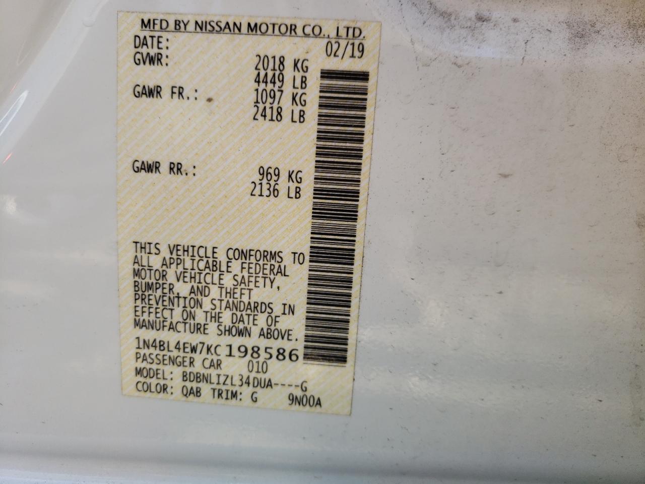 Photo 10 from auction – 2019 NISSAN ALTIMA SL with VIN 1N4BL4EW7KC198586