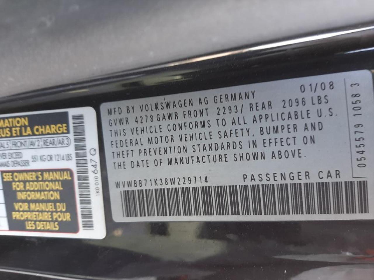 Photo 10 from auction – 2008 VOLKSWAGEN RABBIT with VIN WVWBB71K38W229714