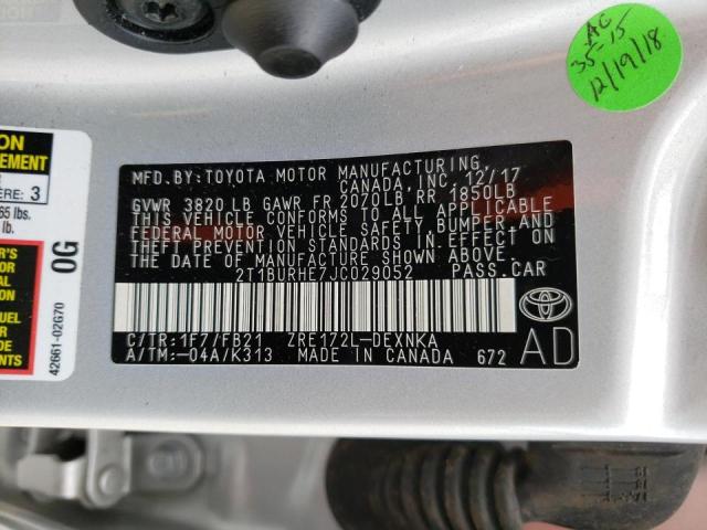 Photo 10 from auction – 2018 TOYOTA COROLLA L with VIN 2T1BURHE7JC029052