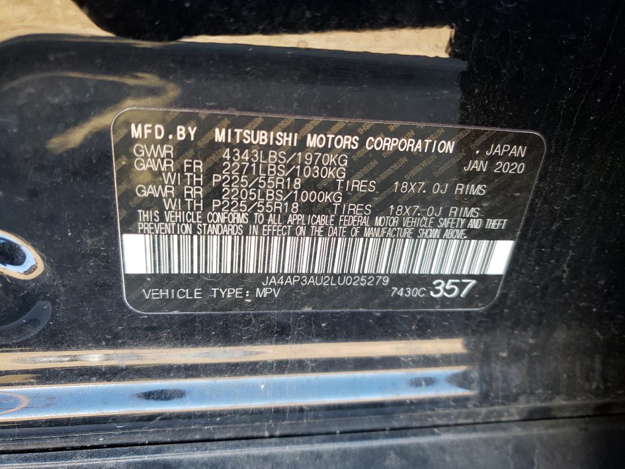 Photo 10 from auction – 2020 MITSUBISHI OUTLANDER with VIN JA4AP3AU2LU025279