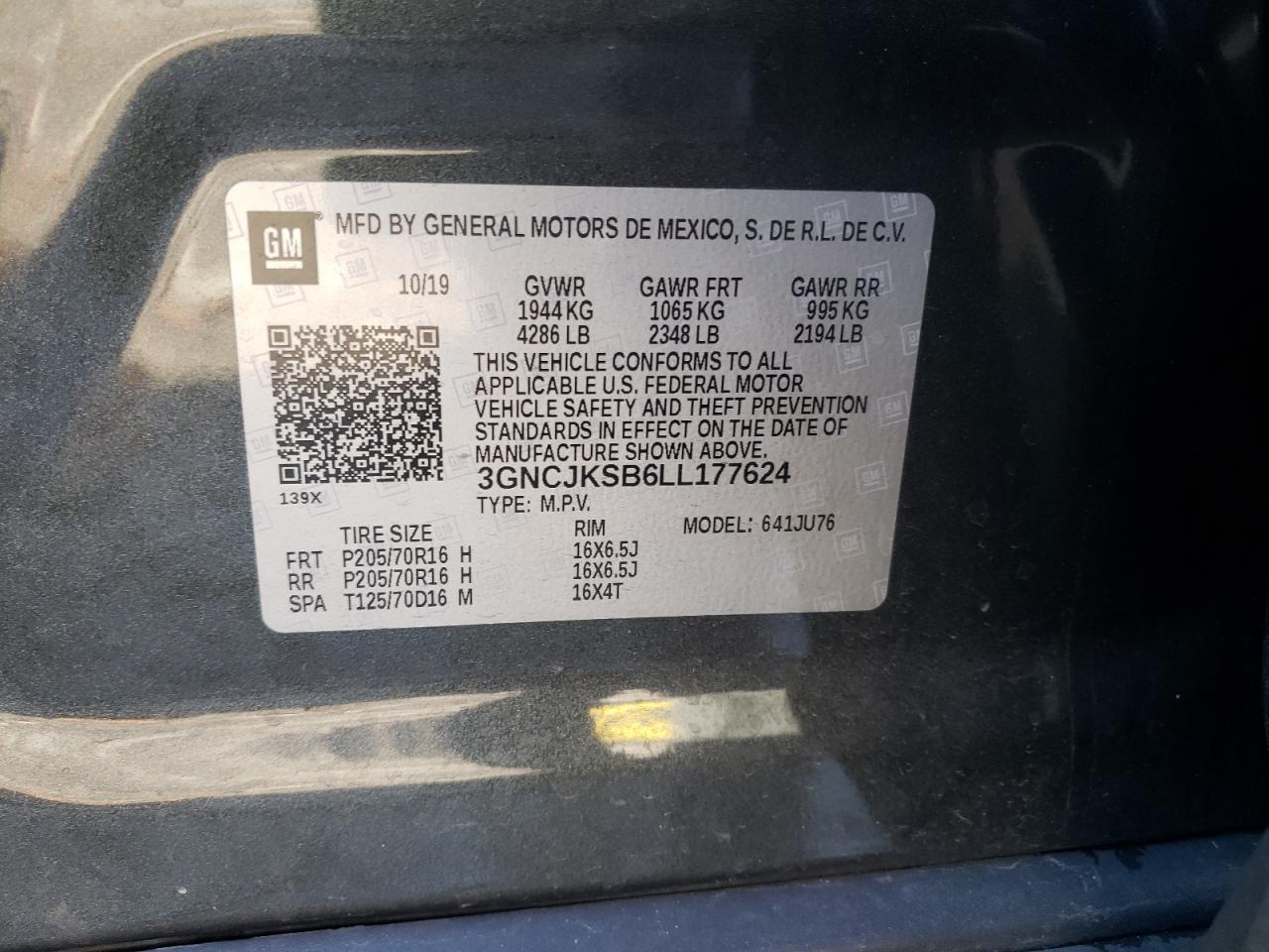 Photo 10 from auction – 2020 CHEVROLET TRAX LS with VIN 3GNCJKSB6LL177624