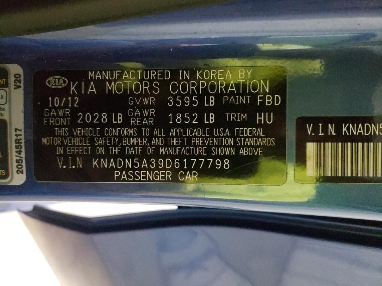 Photo 10 from auction – 2013 KIA RIO EX with VIN KNADN5A39D6177798