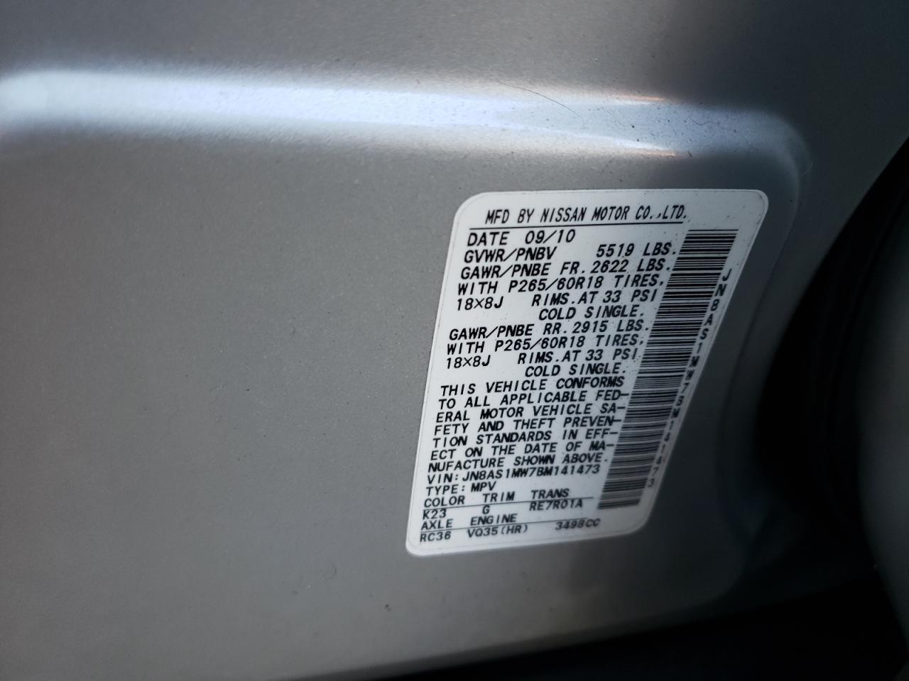 Photo 10 from auction – 2011 INFINITI FX35 with VIN JN8AS1MW7BM141473