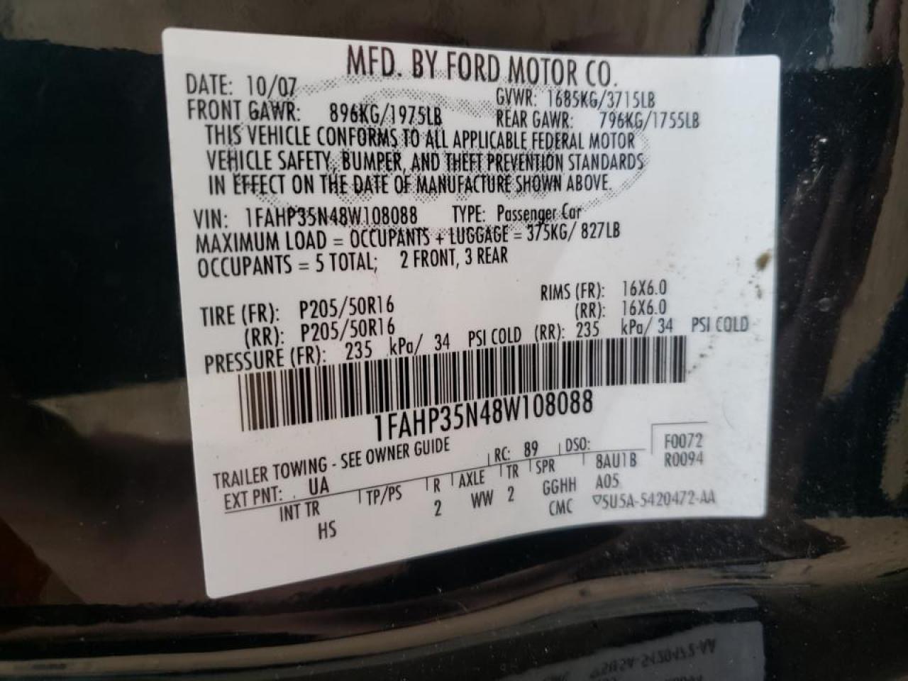 Photo 10 from auction – 2008 FORD FOCUS SE with VIN 1FAHP35N48W108088