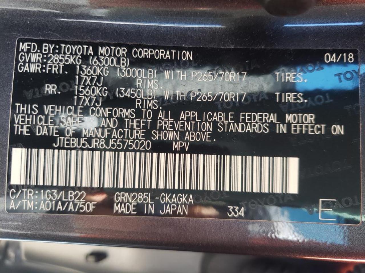 Photo 10 from auction – 2018 TOYOTA 4RUNNER SR with VIN JTEBU5JR8J5575020
