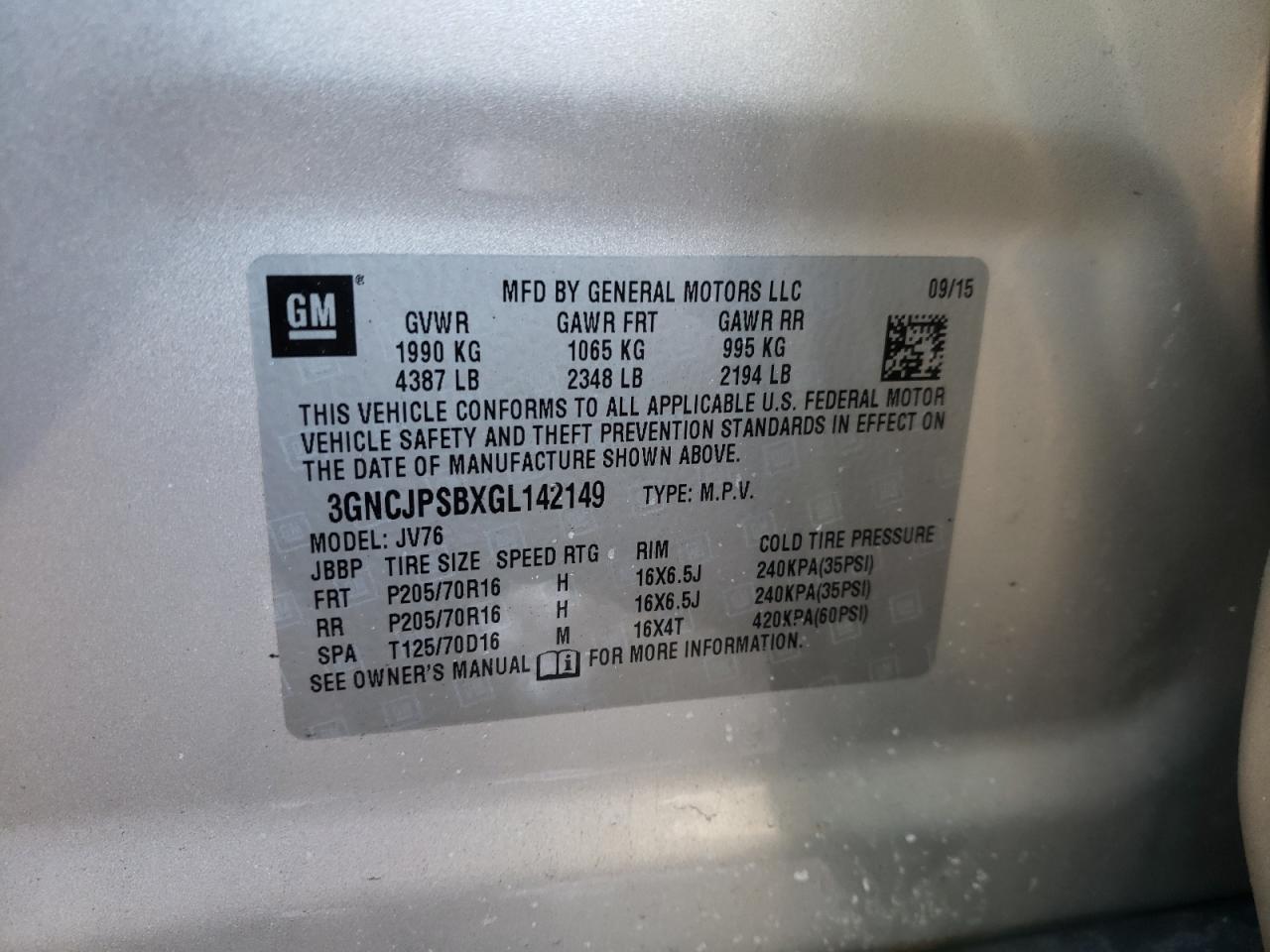 Photo 10 from auction – 2016 CHEVROLET TRAX 1LT with VIN 3GNCJPSBXGL142149