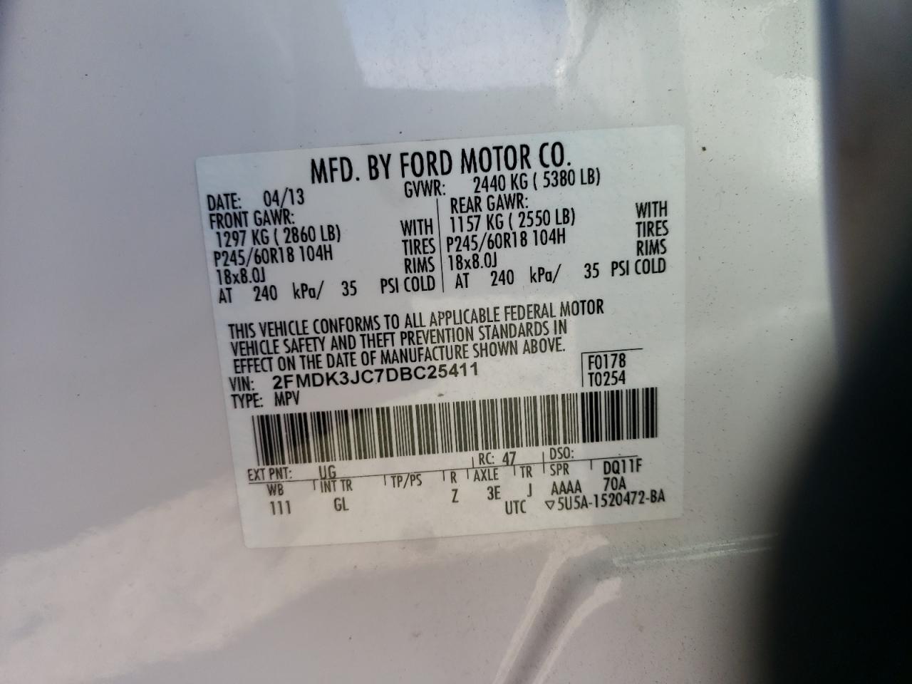 Photo 10 from auction – 2013 FORD EDGE SEL with VIN 2FMDK3JC7DBC25411
