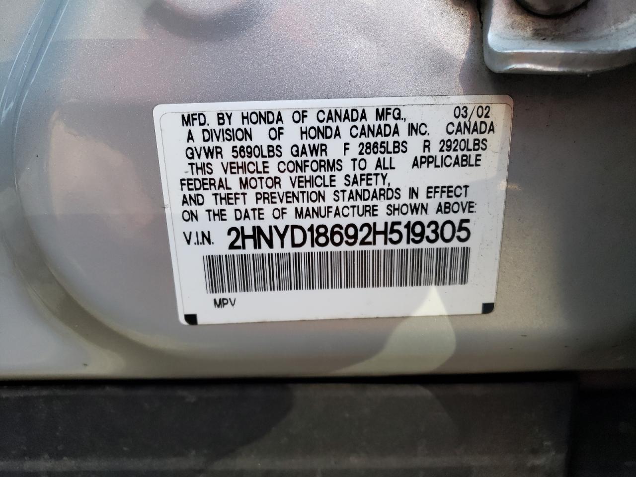 Photo 10 from auction – 2002 ACURA MDX with VIN 2HNYD18692H519305