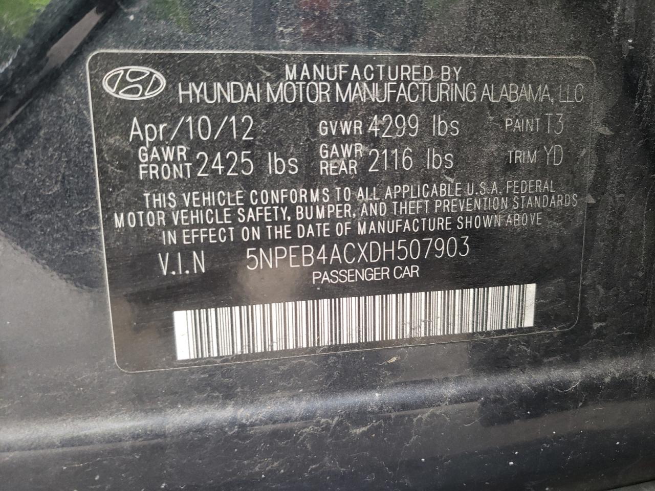 Photo 10 from auction – 2013 HYUNDAI SONATA GLS with VIN 5NPEB4ACXDH507903