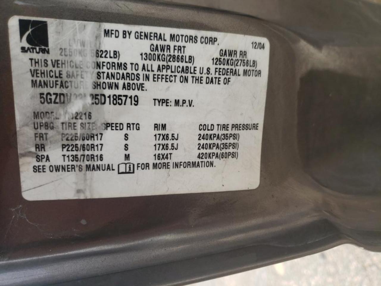 Photo 10 from auction – 2005 SATURN RELAY 3 with VIN 5GZDV23L25D185719