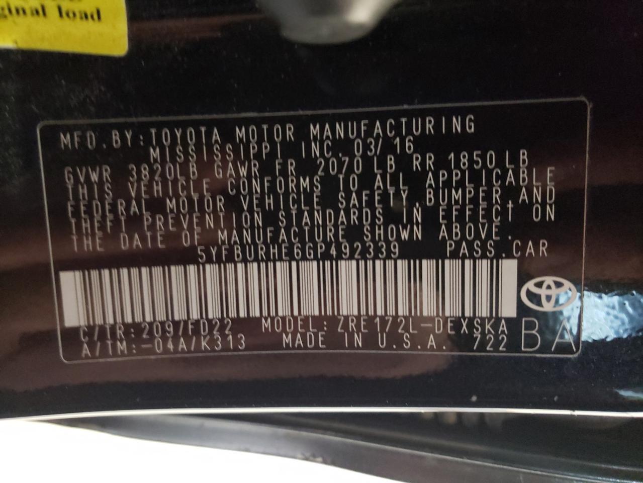 Photo 10 from auction – 2016 TOYOTA COROLLA L with VIN 5YFBURHE6GP492339