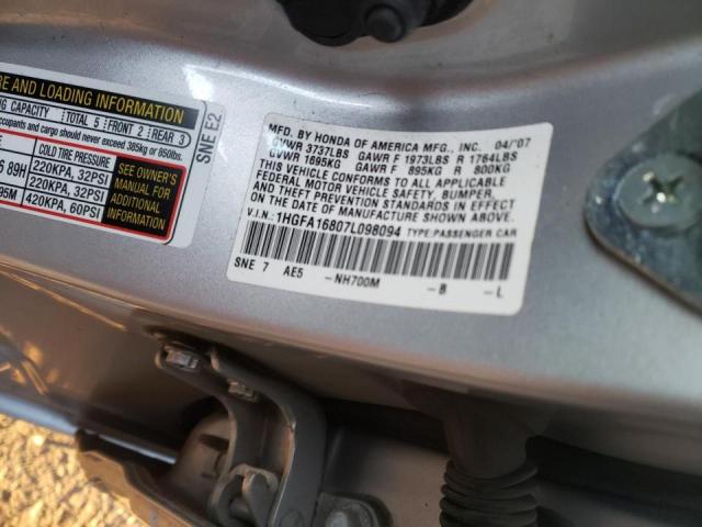 Photo 10 from auction – 2007 HONDA CIVIC EX with VIN 1HGFA16807L098094