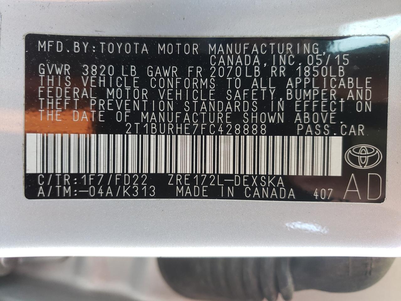 Photo 10 from auction – 2015 TOYOTA COROLLA L with VIN 2T1BURHE7FC428888
