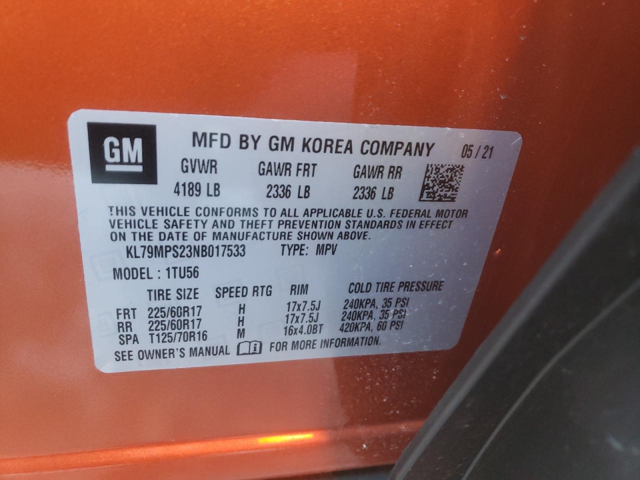 Photo 10 from auction – 2022 CHEVROLET TRAILBLAZE with VIN KL79MPS23NB017533