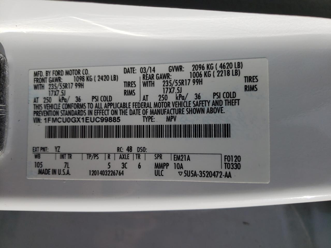Photo 10 from auction – 2014 FORD ESCAPE SE with VIN 1FMCU0GX1EUC99885