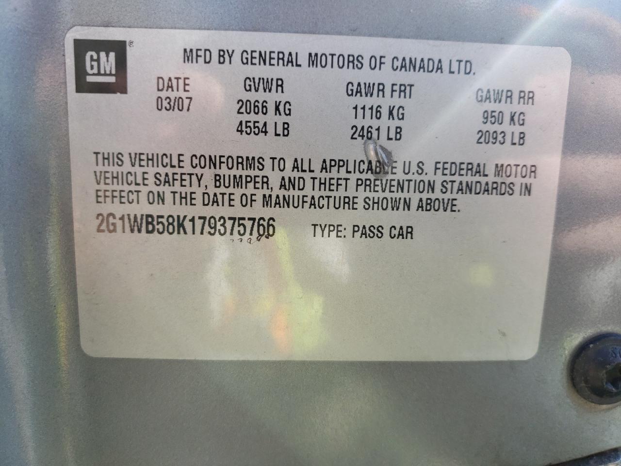 Photo 10 from auction – 2007 CHEVROLET IMPALA LS with VIN 2G1WB58K179375766