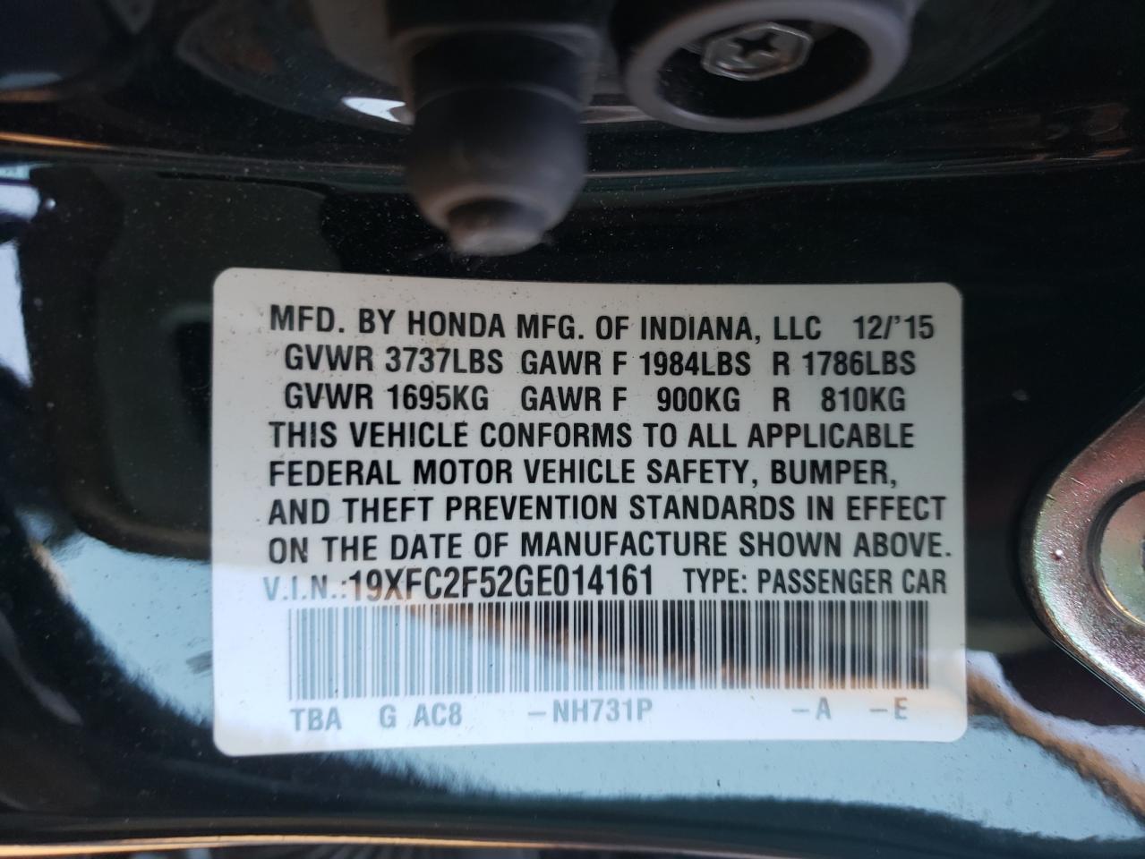 Photo 10 from auction – 2016 HONDA CIVIC LX with VIN 19XFC2F52GE014161