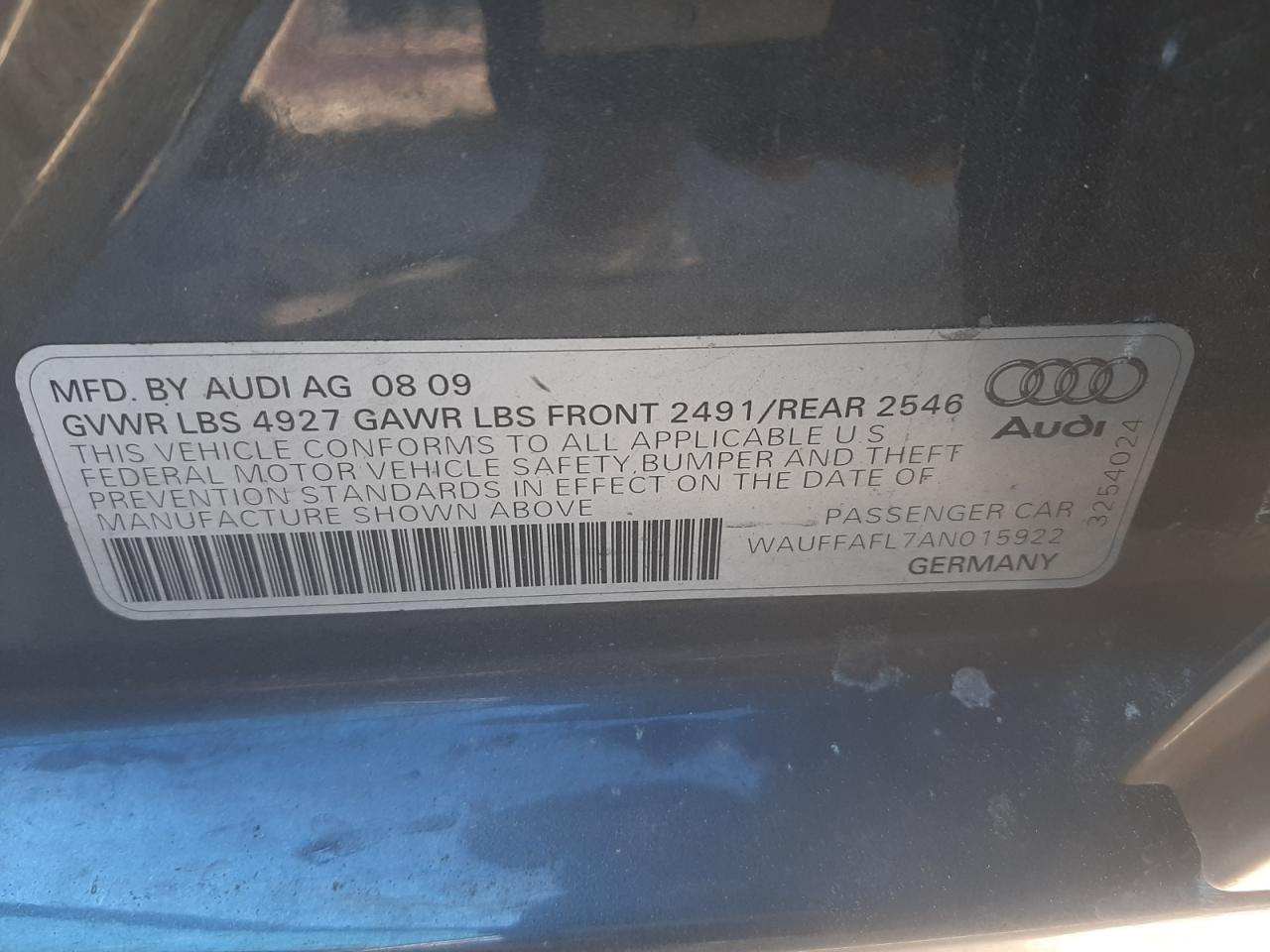 Photo 10 from auction – 2010 AUDI A4 PREMIUM with VIN WAUFFAFL7AN015922