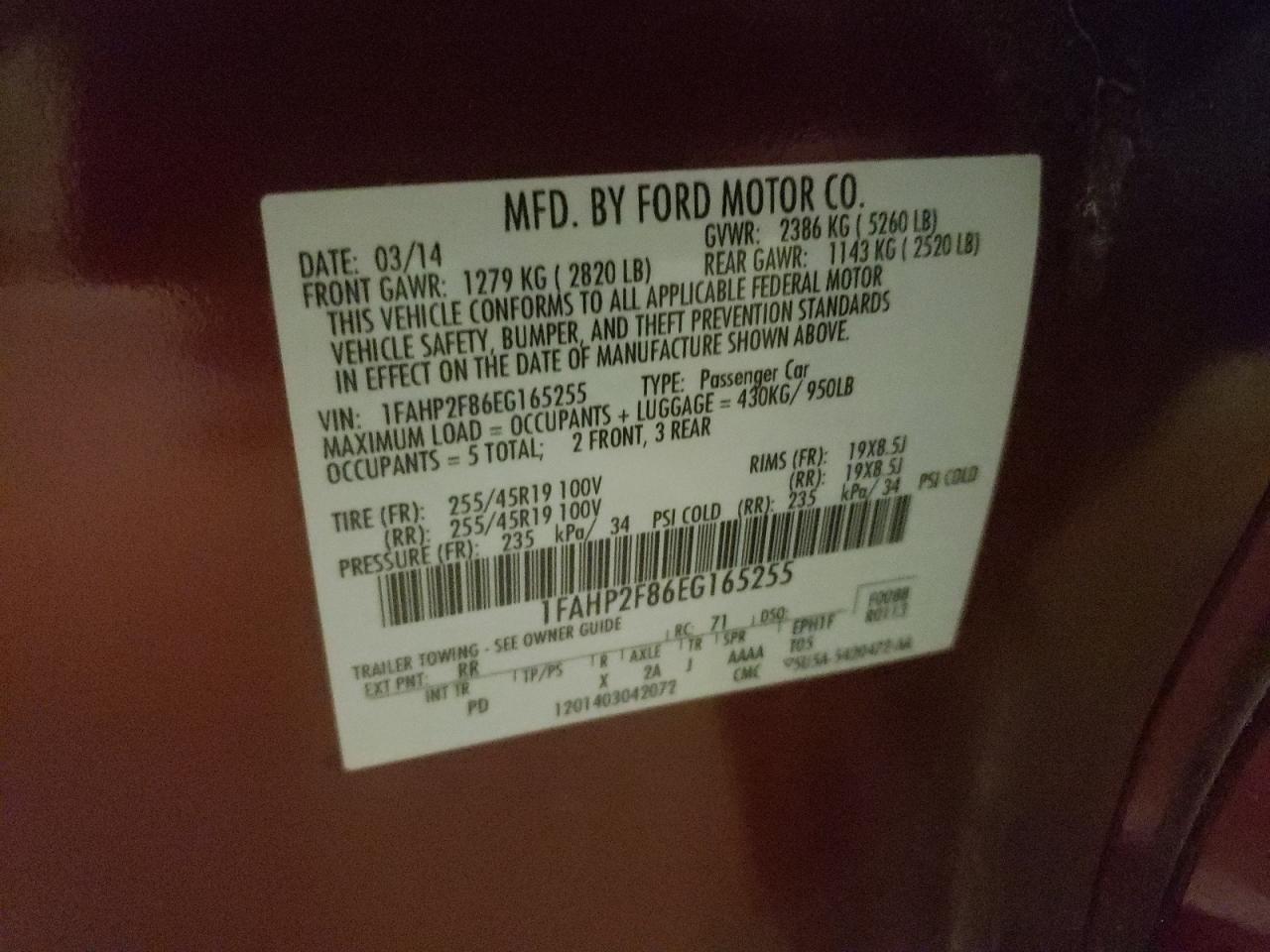 Photo 10 from auction – 2014 FORD TAURUS LIM with VIN 1FAHP2F86EG165255