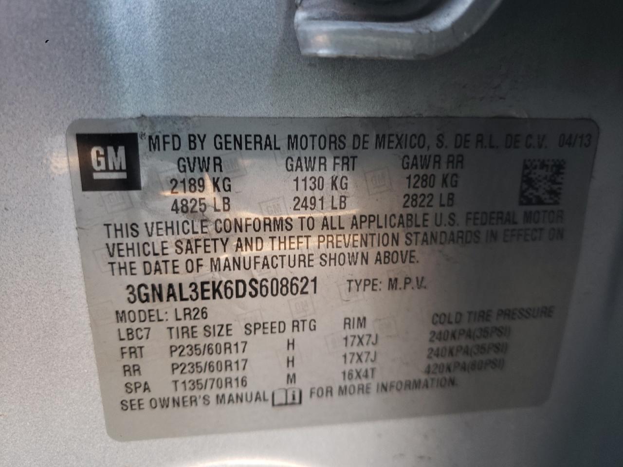 Photo 10 from auction – 2013 CHEVROLET CAPTIVA LT with VIN 3GNAL3EK6DS608621