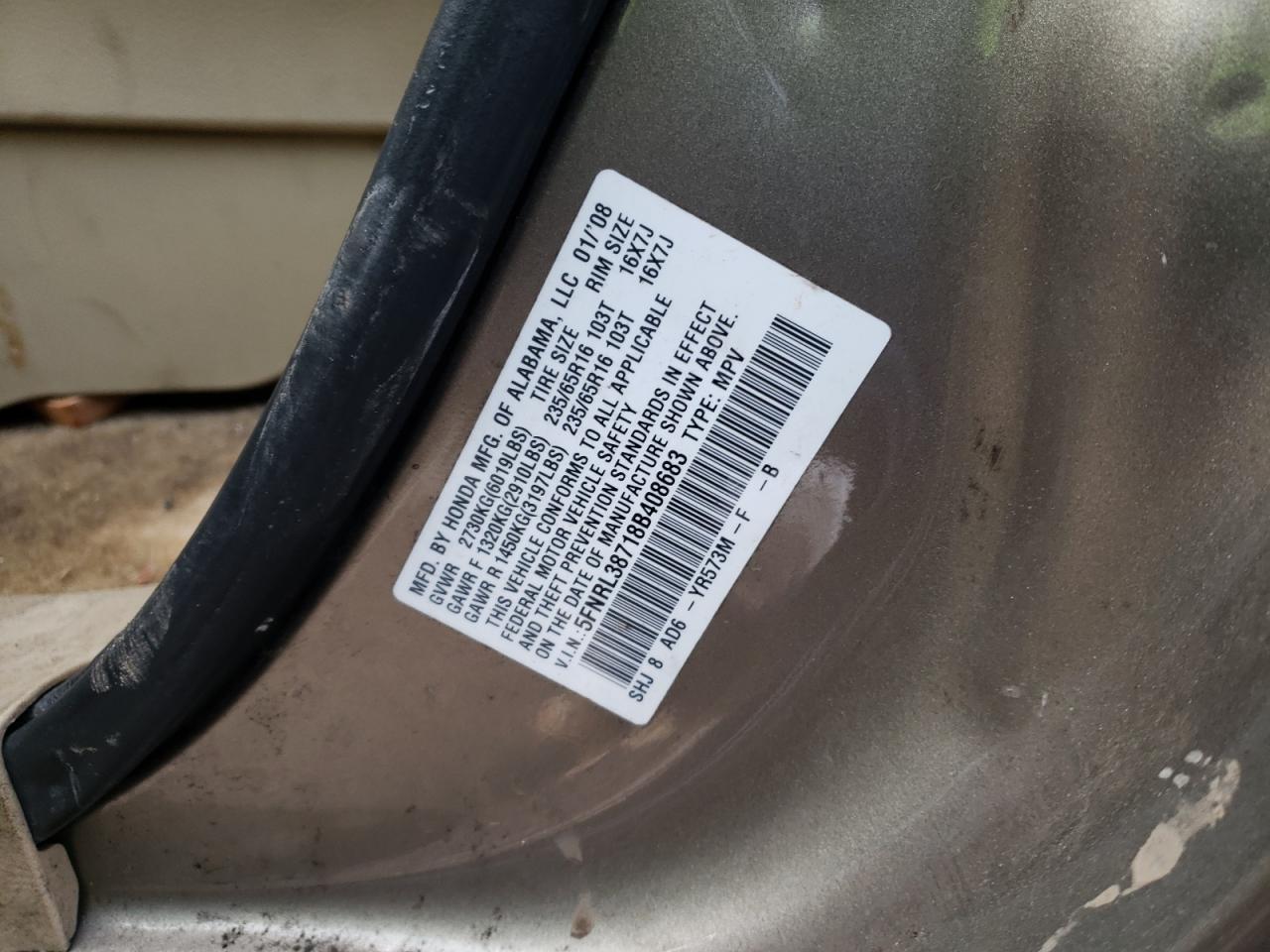 Photo 10 from auction – 2008 HONDA ODYSSEY EX with VIN 5FNRL38718B408683