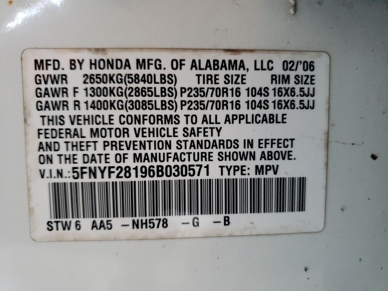 Photo 10 from auction – 2006 HONDA PILOT LX with VIN 5FNYF28196B030571