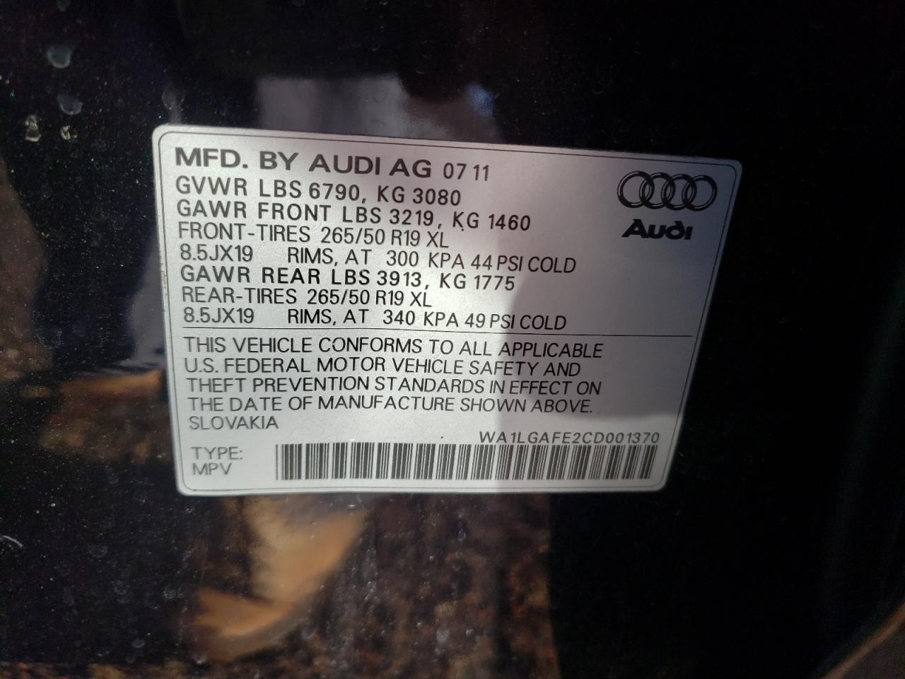 Photo 10 from auction – 2012 AUDI Q7 PREMIUM with VIN WA1LGAFE2CD001370
