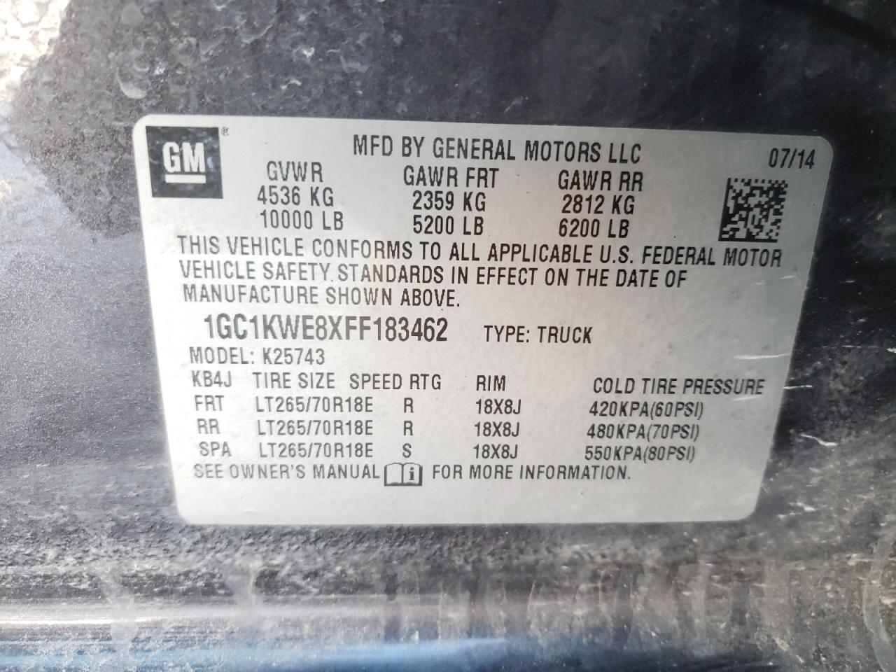 Photo 10 from auction – 2015 CHEVROLET SILVERADO with VIN 1GC1KWE8XFF183462