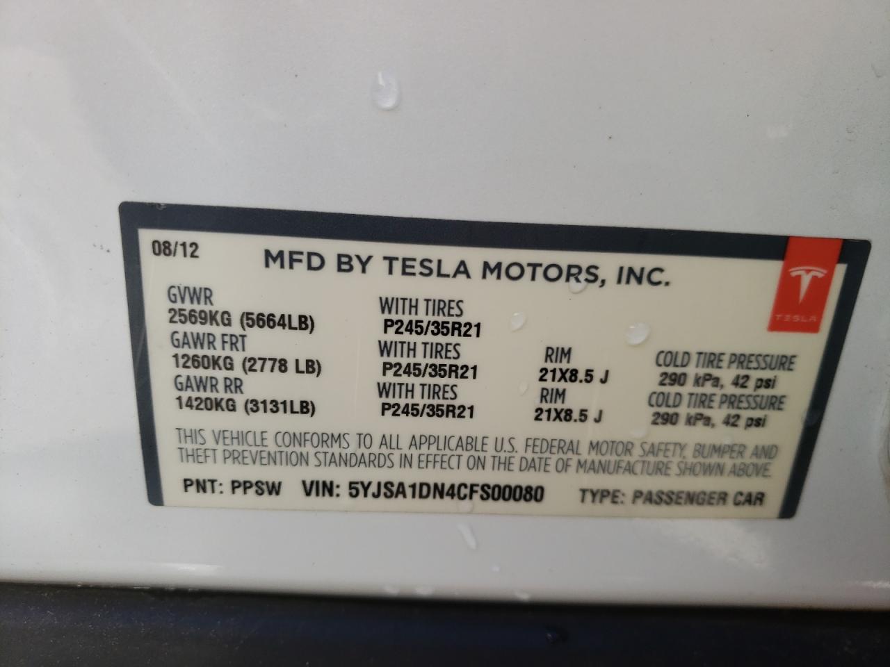Photo 10 from auction – 2012 TESLA MODEL S with VIN 5YJSA1DN4CFS00080