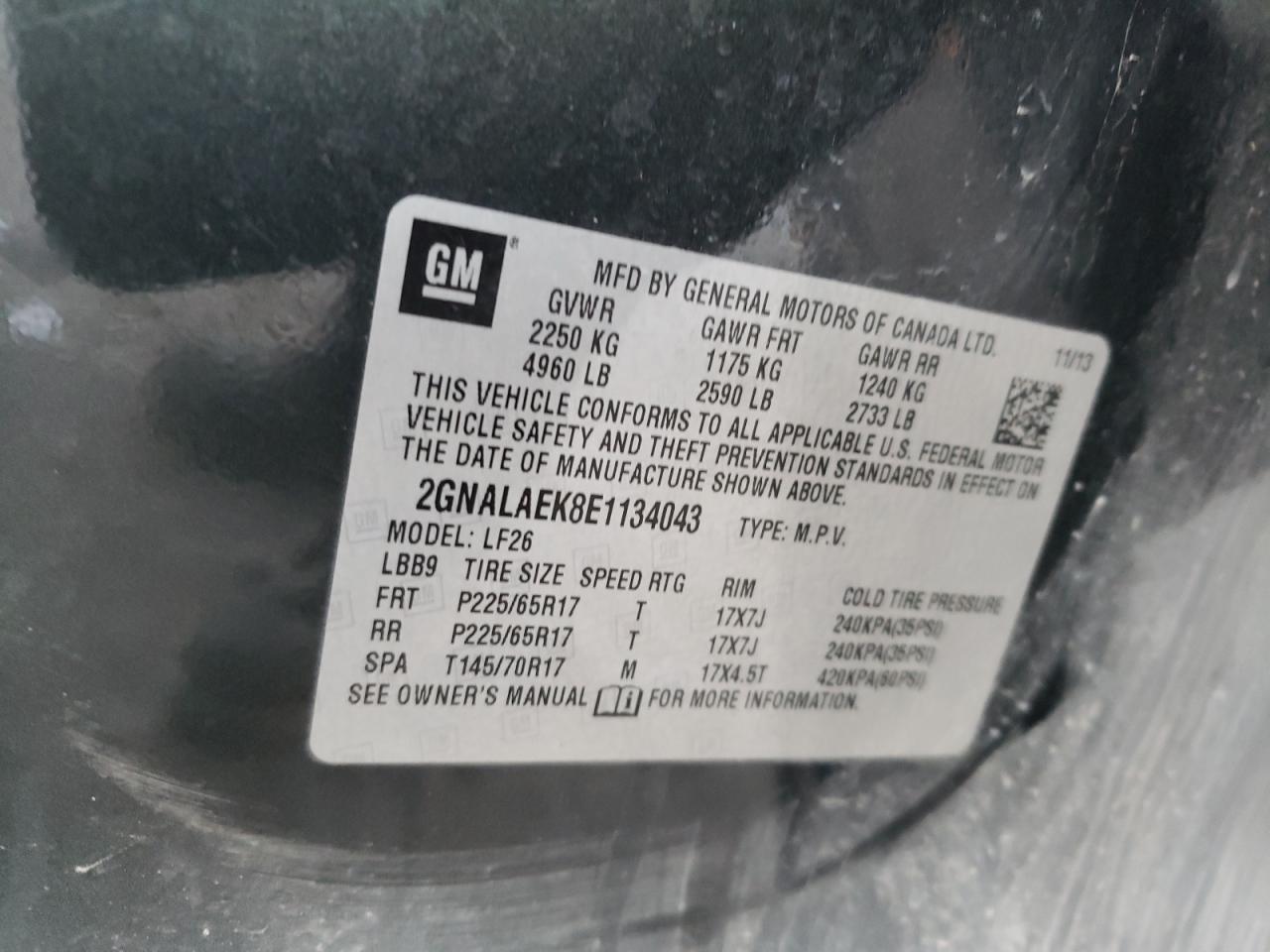 Photo 10 from auction – 2014 CHEVROLET EQUINOX LS with VIN 2GNALAEK8E1134043