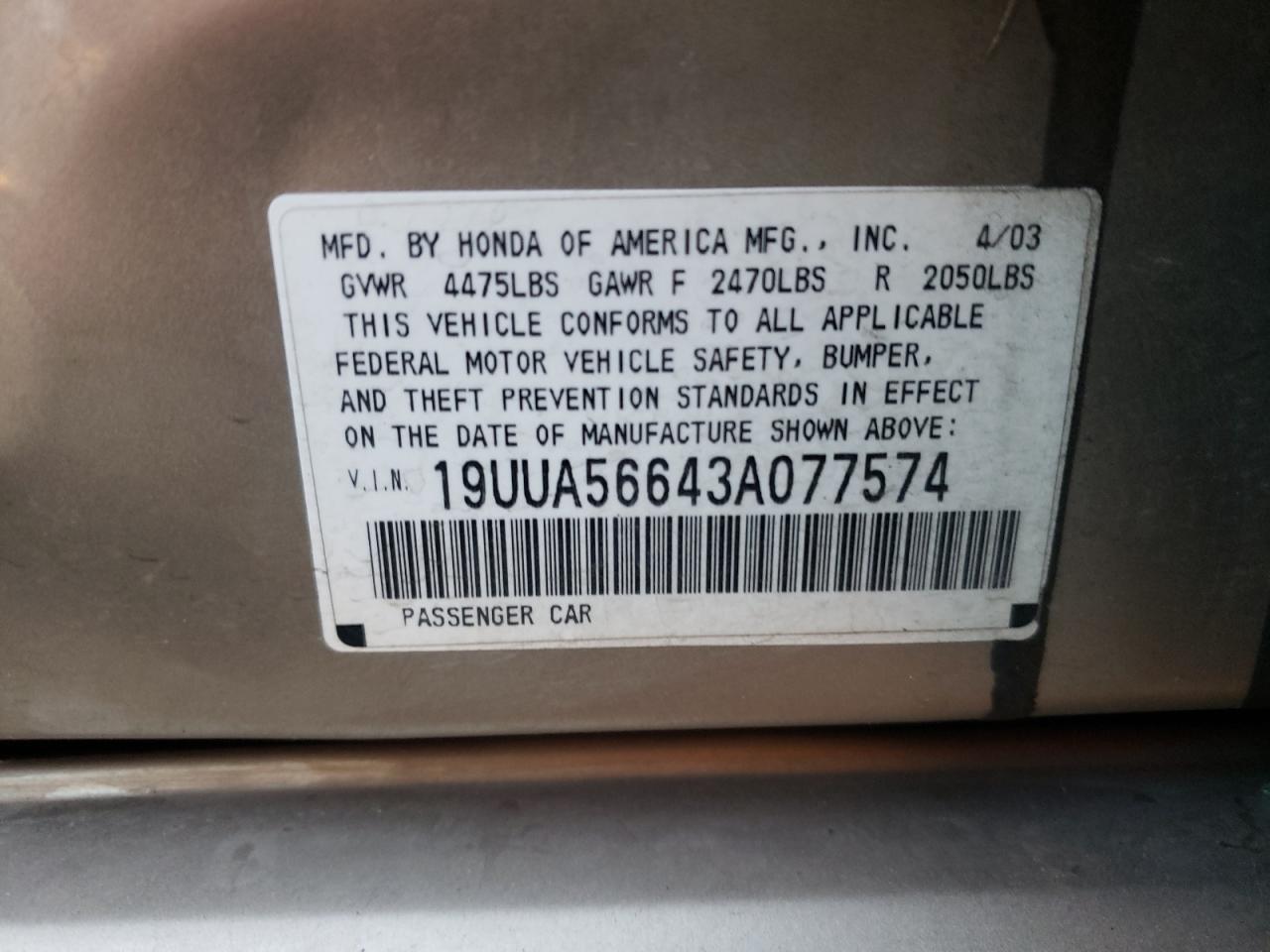 Photo 10 from auction – 2003 ACURA 3.2TL with VIN 19UUA56643A077574