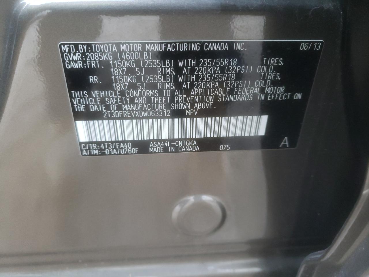 Photo 10 from auction – 2013 TOYOTA RAV4 LIMIT with VIN 2T3DFREVXDW063312