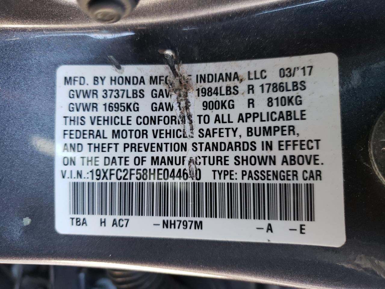 Photo 10 from auction – 2017 HONDA CIVIC LX with VIN 19XFC2F58HE044640