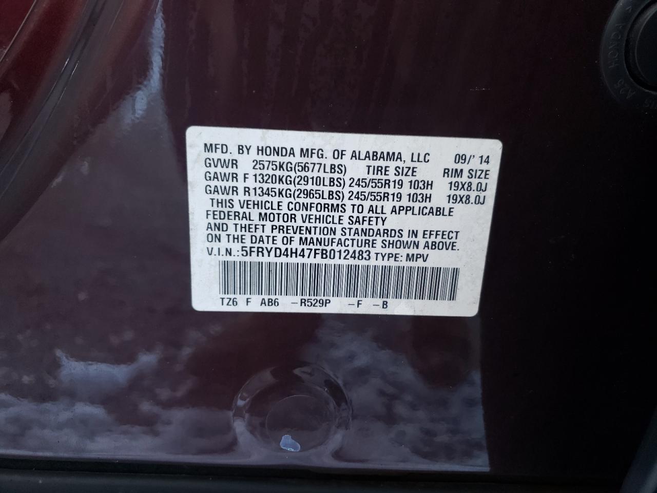 Photo 10 from auction – 2015 ACURA MDX TECHNO with VIN 5FRYD4H47FB012483