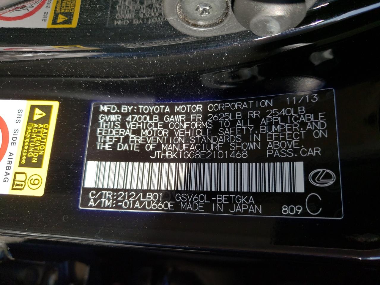 Photo 10 from auction – 2014 LEXUS ES 350 with VIN JTHBK1GG8E2101468