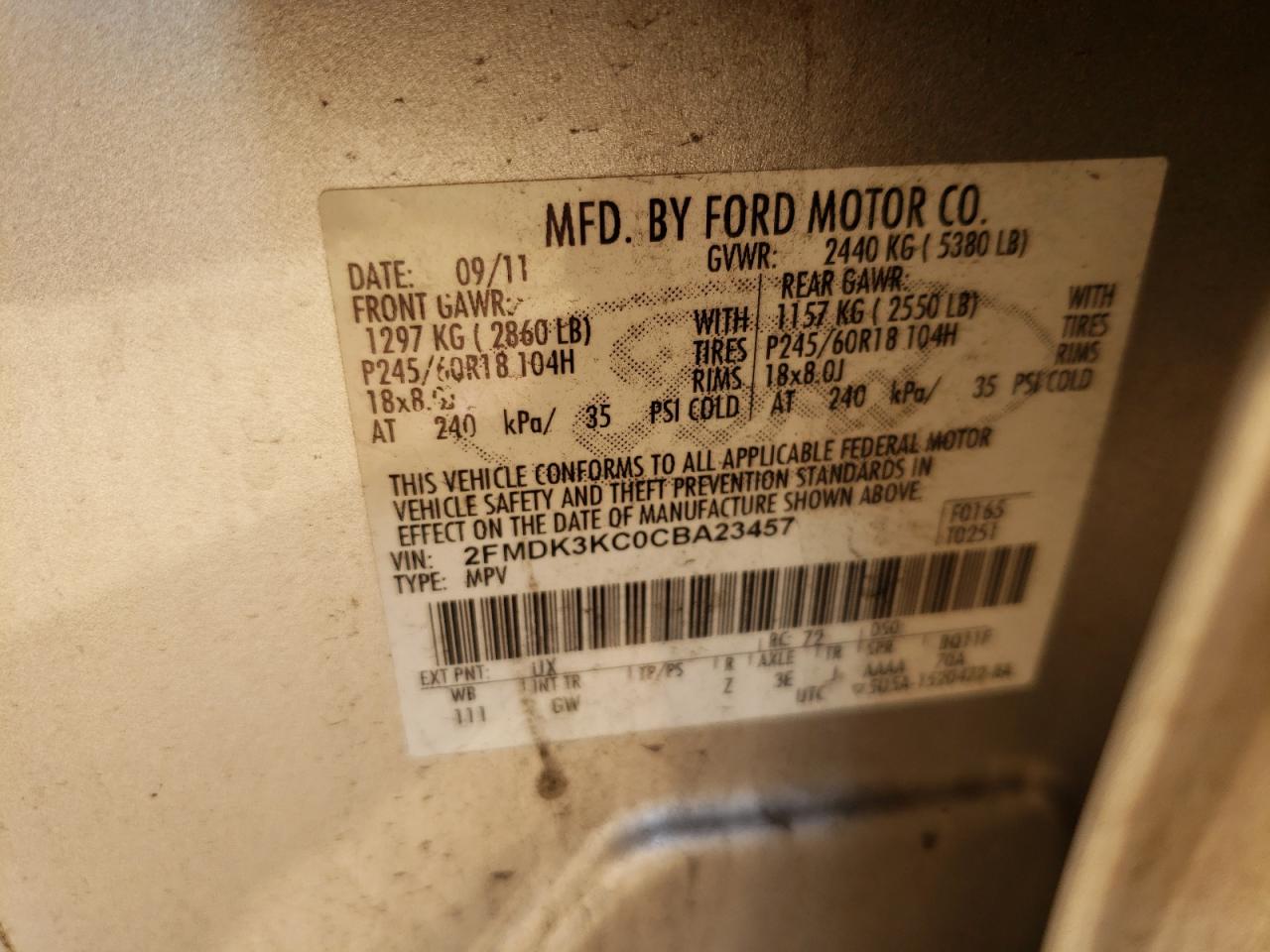 Photo 10 from auction – 2012 FORD EDGE LIMIT with VIN 2FMDK3KC0CBA23457