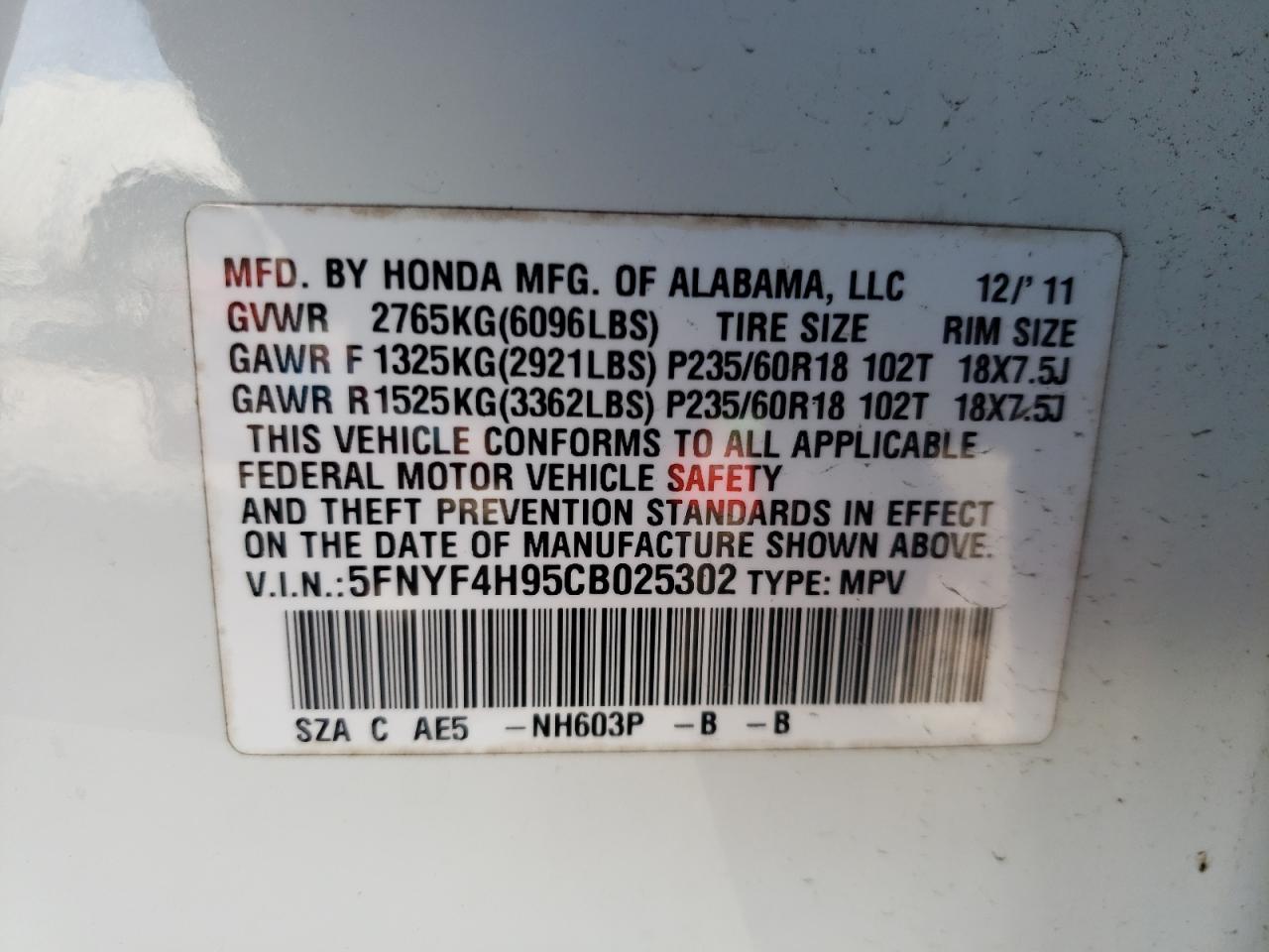 Фото 10 с аукциона – 2012 HONDA PILOT TOUR с VIN 5FNYF4H95CB025302