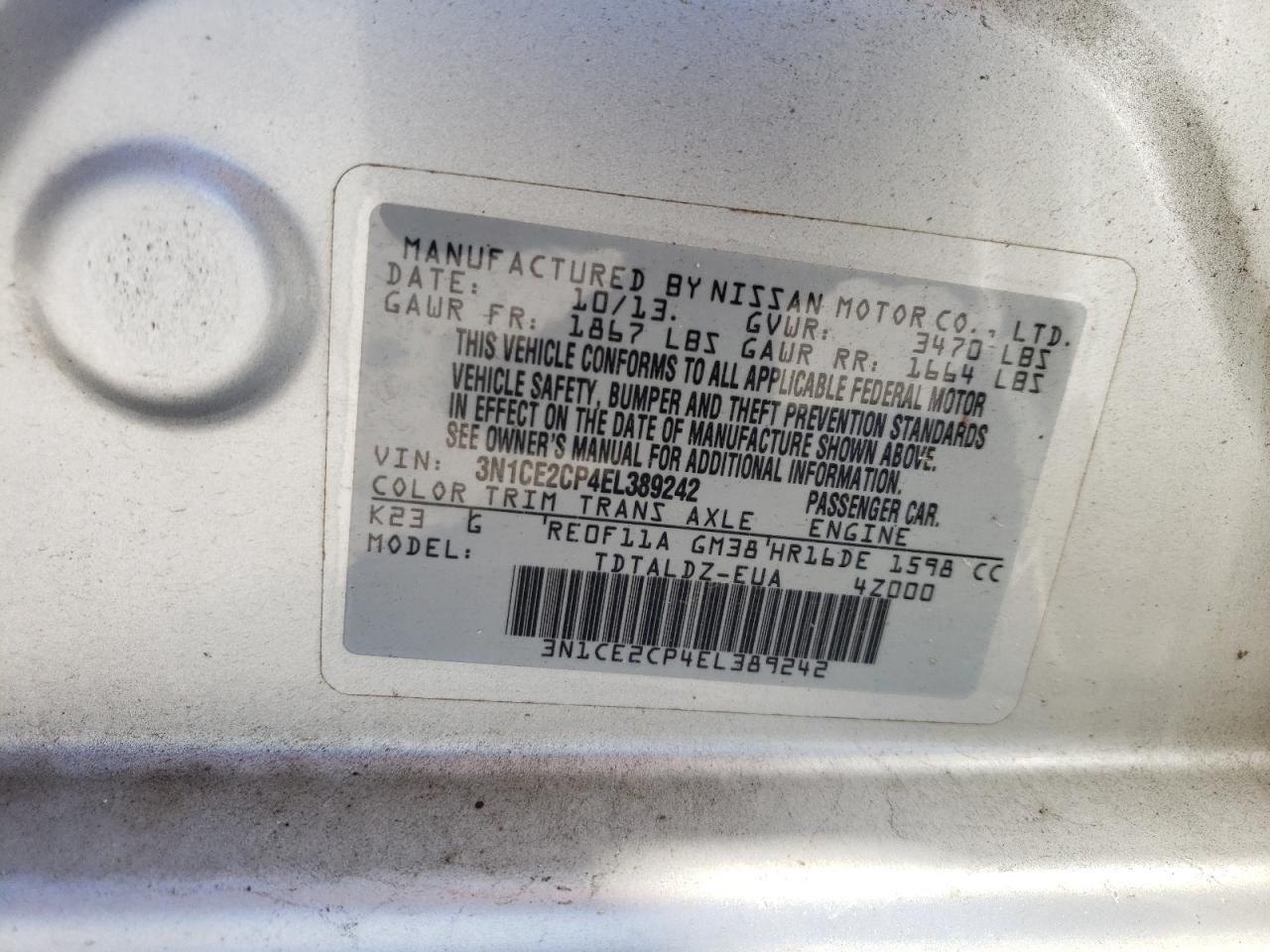 Photo 10 from auction – 2014 NISSAN VERSA S/SV with VIN 3N1CE2CP4EL389242