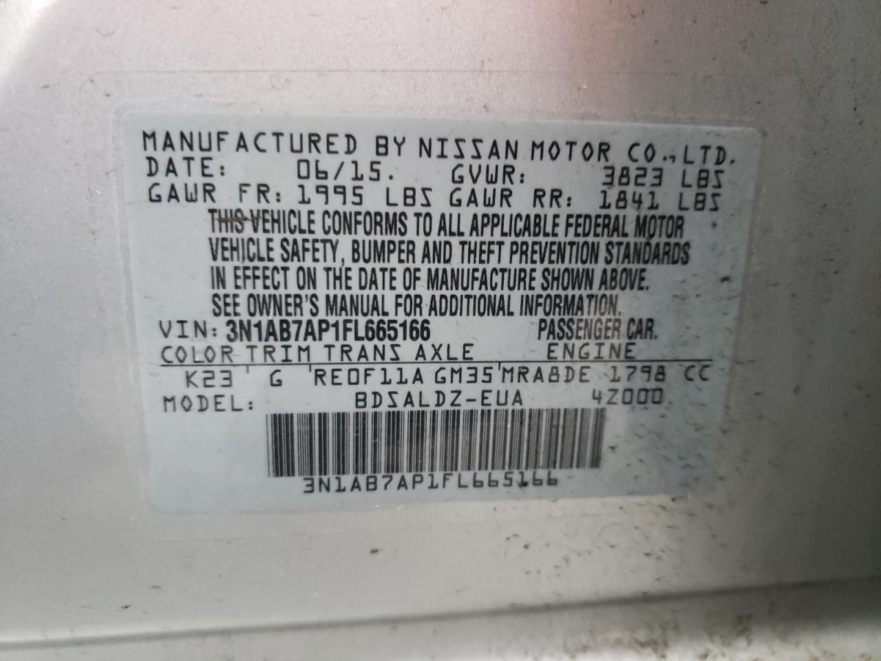 Photo 10 from auction – 2015 NISSAN SENTRA S with VIN 3N1AB7AP1FL665166