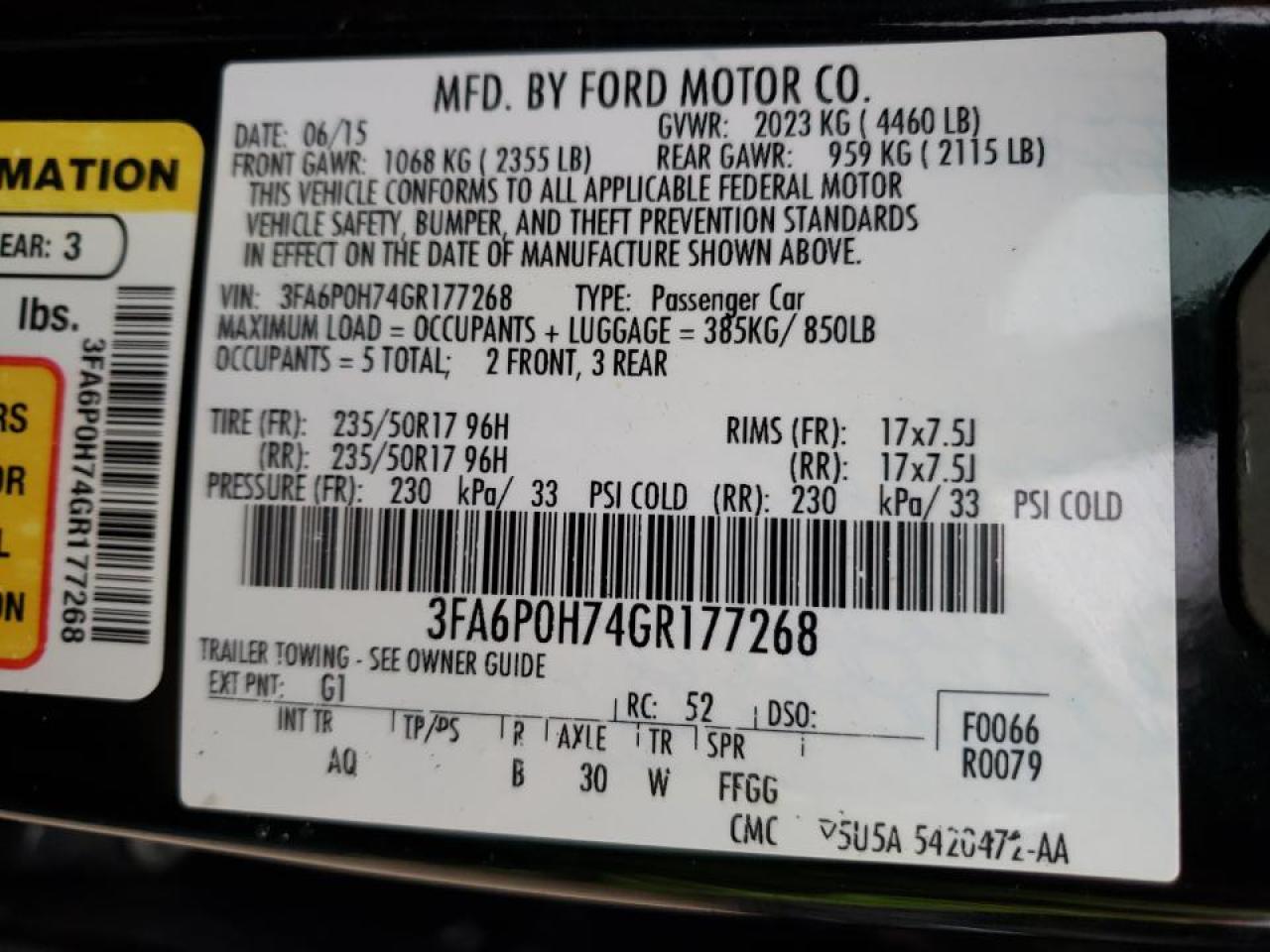 Photo 10 from auction – 2016 FORD FUSION SE with VIN 3FA6P0H74GR177268